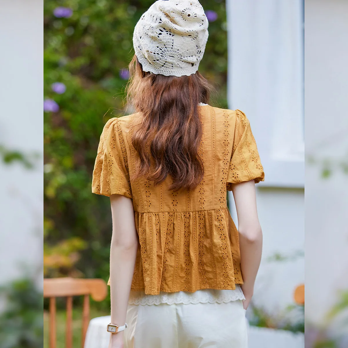 LOUIS YAO New Patchwork Lace-up Women's Shirt 2025 Spring Blouses Sweet Hollow Out Tops Lace V-Neck Bubble Sleeve Shirt 