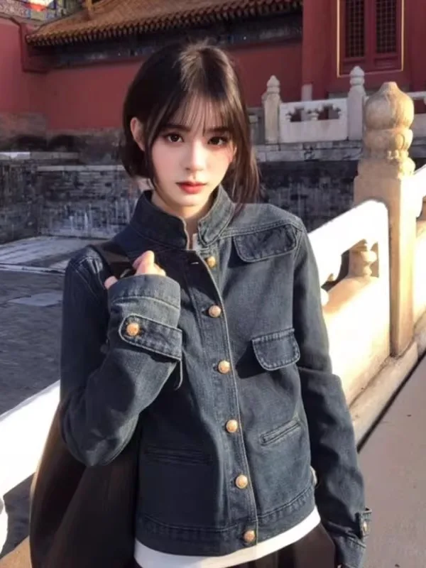 

Ретро-стиль, модный, уникальный, свободный джинсовый жакет с воротником-стойкой, очень милый зимний топ для женщин, для путешествий, офиса, активного отдыха и повседневной носки.