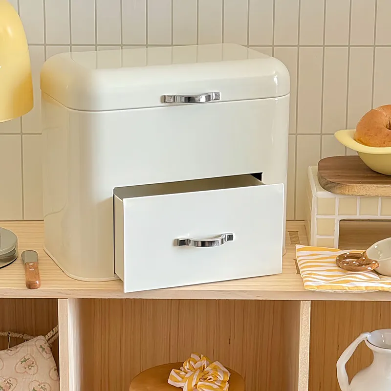 Cream Style Iron Storage Cabinet with Lid 2-Layer Drawer Organizer for Living Room Snacks Multifunctional Food Storage Container