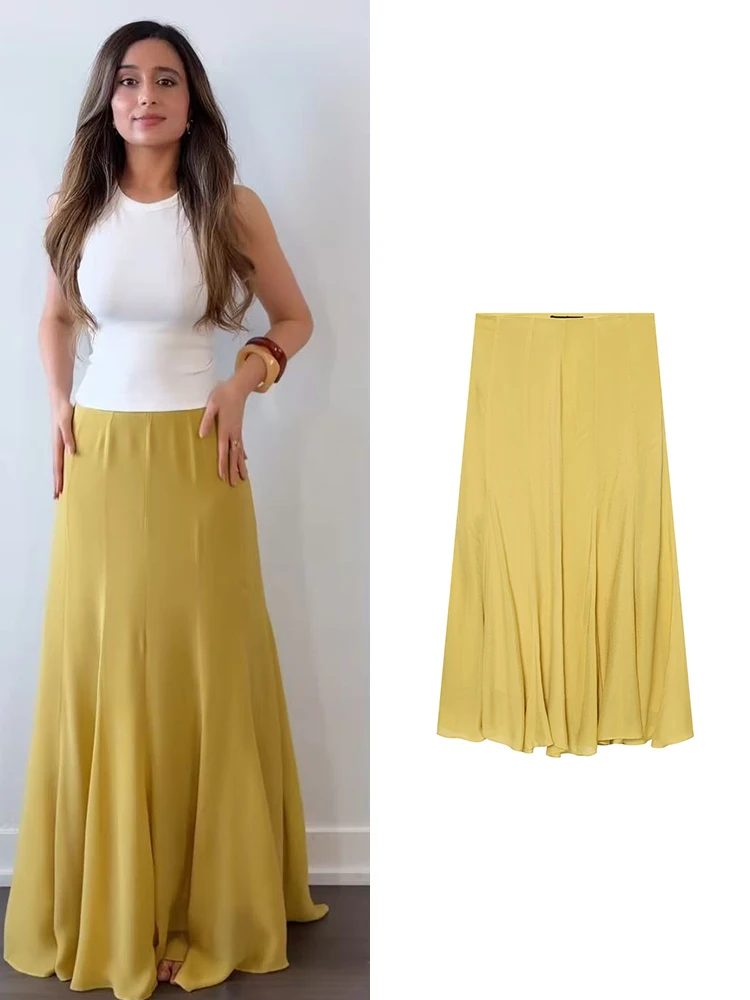 TFMLN 2026 Summer Women's Sweet Yellow Ruffles A-line Midi Skirts Vintage Elegant Folds Skirt Ladies Commuting Casual Streetwear