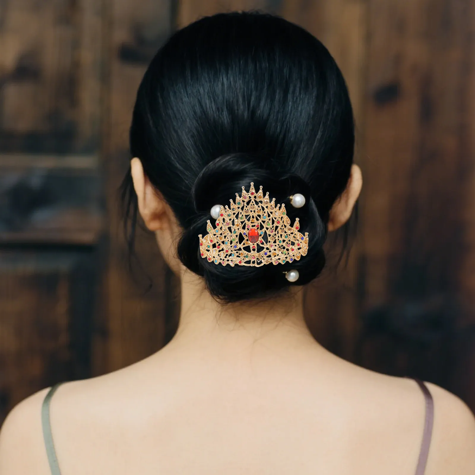

Princess Crown Hair Comb with Golden Tone Thai and Ancient Chinese Costume Design for Women Wedding Hair Accessories Festival