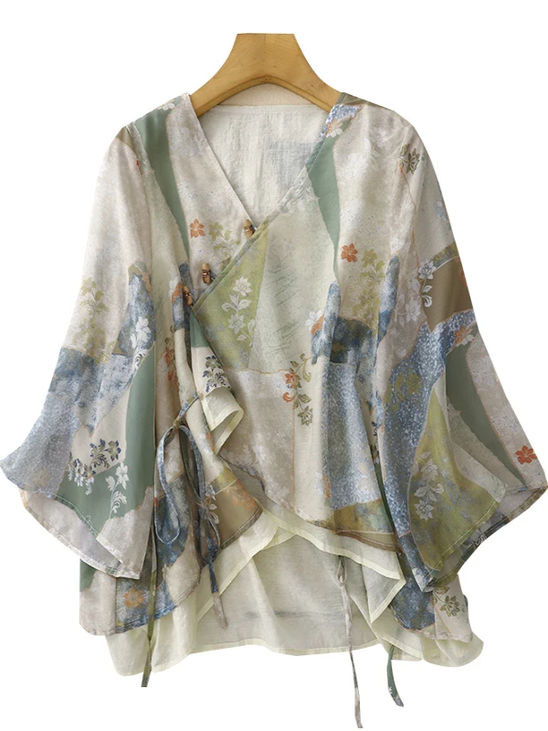 Retro Flax Double Layered irt Top Ethnic Sle V-Ne T-irt Summer New Arrival Women's Loose Fit Printed Tee