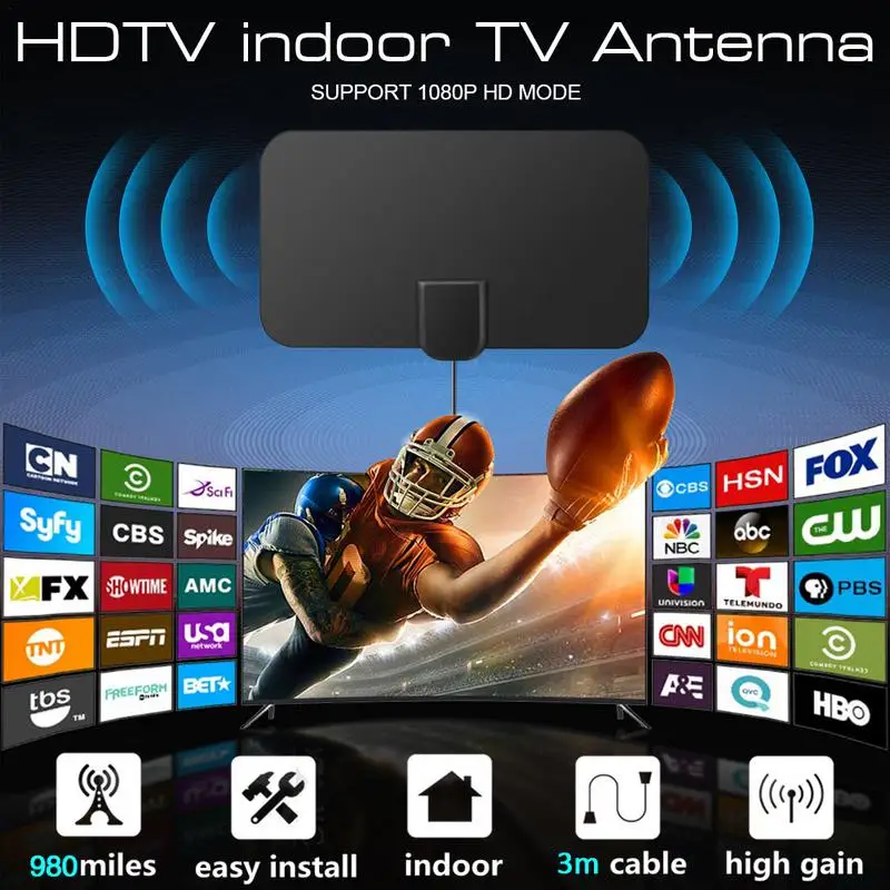 Newest TV Aerial Indoor Amplified Digital HDTV Antenna 980 Miles Range With 4K HD1080P DVB-T Freeview TV For Life Local Channels