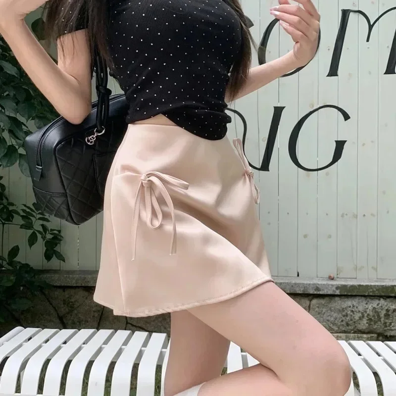 Women's Bow Lace-up Satin A-Line Mini Skirt Pink Korean Style Skirts High Waist Zipper Sexy Slim Skirts Sweet Short Skirt