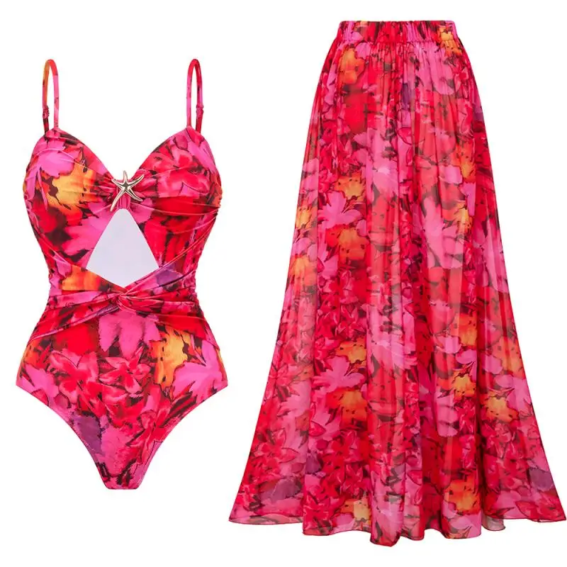 Flaxmaker Summer Red Flowers Printed Hollow One Piece Swimsuit and Skirt Sexy Sleeveless Hollow Out Swimwear Biquini conjunto de