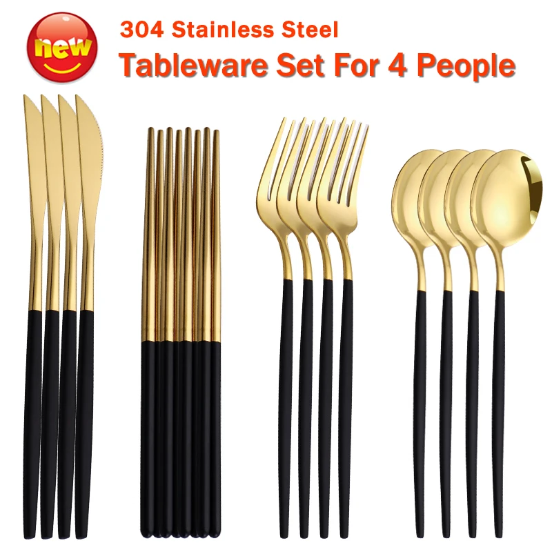 Gold Cutlery Set Korean Stainless Steel Tableware Set Fork Spoon And Chopsticks Set Golden Dinnerware Set Luxury Tableware Set