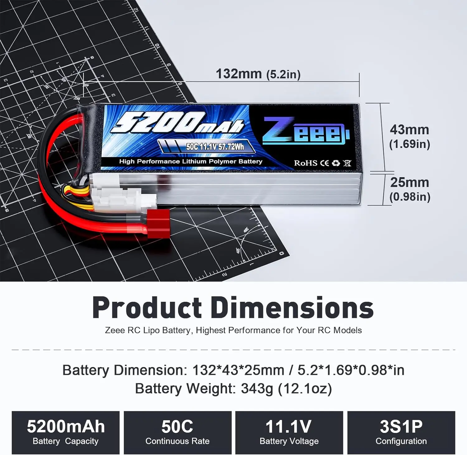 RC 자동차 DJI 쿼드콥터 비행기 헬리콥터 드론용 부드러운 케이스, 딘 플러그 포함 Zeee 11.1V 50C, 5200mAh 3S Lipo 배터리, 1/2 유닛