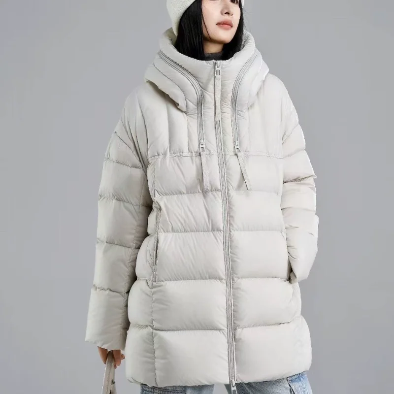 سترة نسائية متوسطة الطول وصلت حديثًا لشتاء 2025 معطف فضفاض وسميك وتصميم أنيق مع قلنسوة بسحاب #1