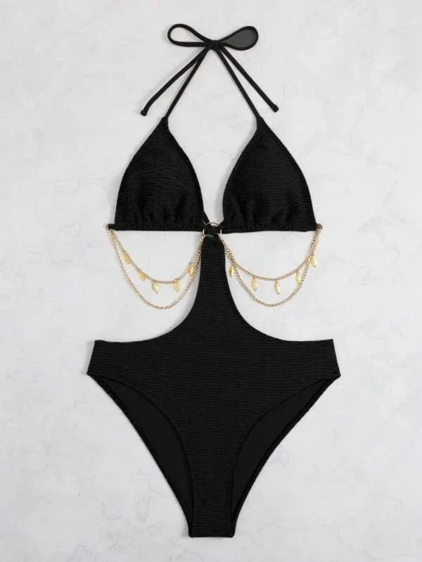 2025 ตัดออก Halter Monokini ชุดว่ายน้ํา One Piece โซ่ชุดว่ายน้ําผู้หญิงเซ็กซี่ Bathers ชุดว่ายน้ําว่ายน้ําชุดว่ายน้ําหญิง Beachwear
