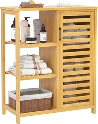 Floor Freestanding Bamboo Bathroom Storage Cabinet With Shutter Door And Shelves For Home