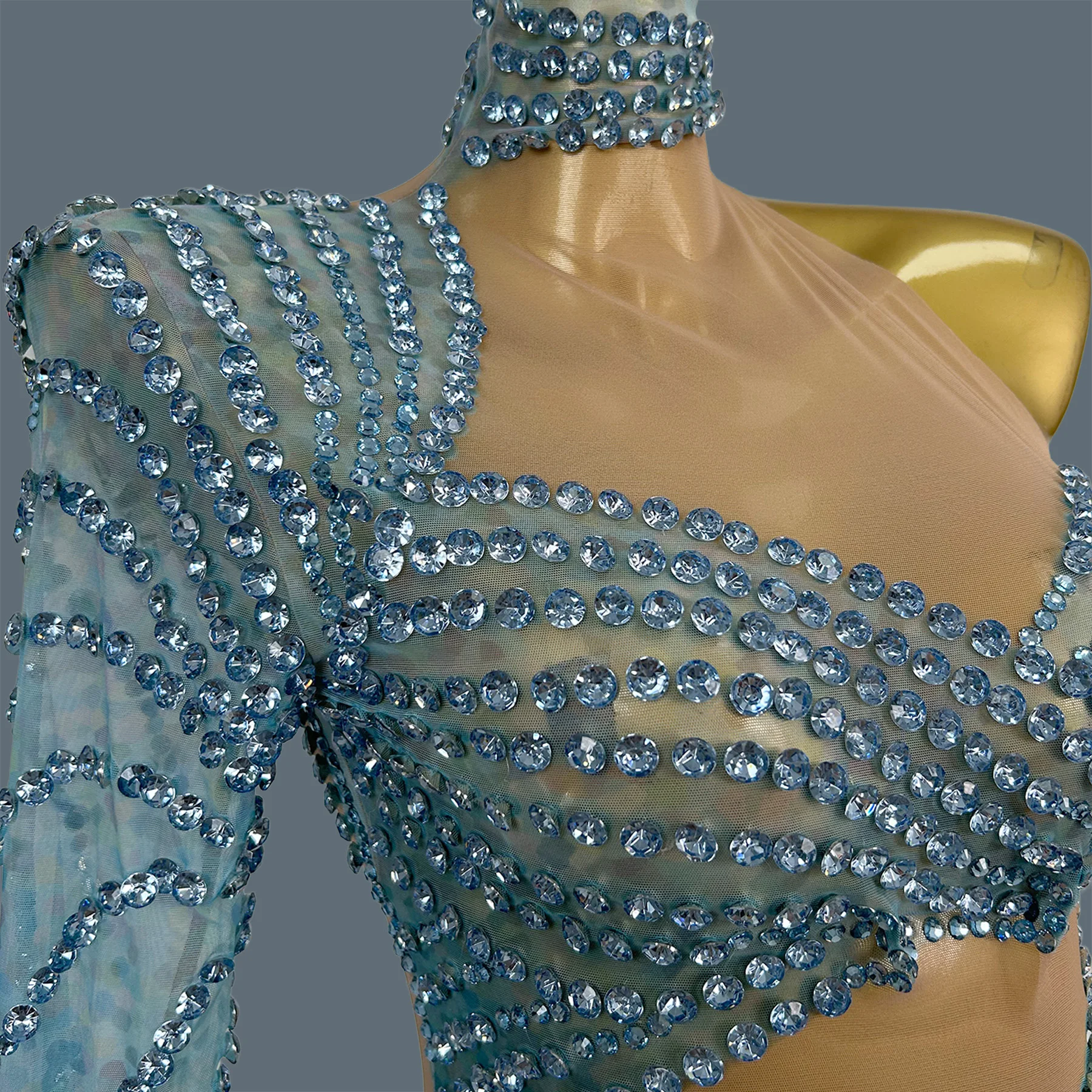 

Sparkly Rhinestone Fringe Asymmetrical Dress Light Blue Sheer Mesh One Shoulder Mini Dress Stage Performance Party Wear Qingche