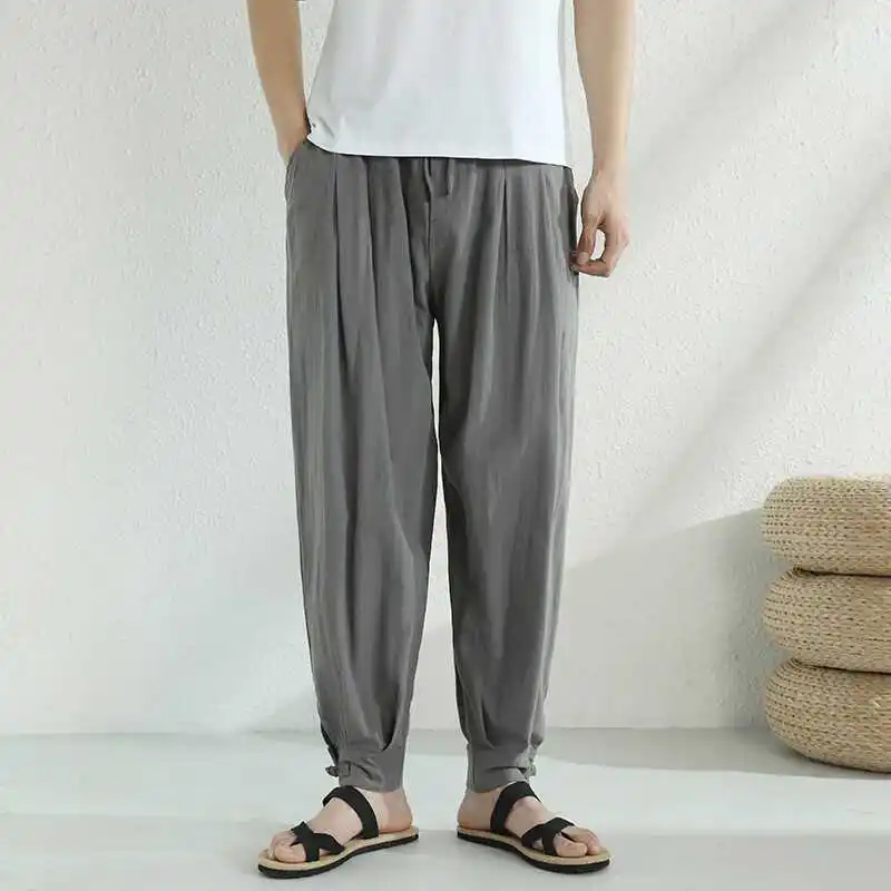 

Мужские брюки из хлопка и льна, модные повседневные брюки, однотонные дышащие свободные шорты, прямые брюки на шнурке, уличная мужская одежда