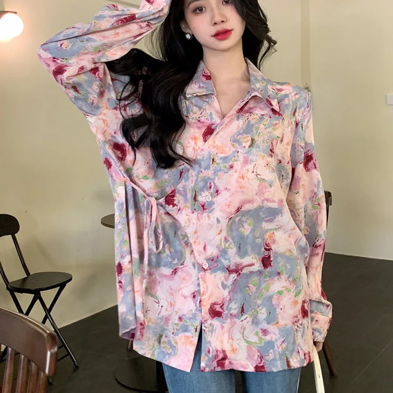 Retro printed long sleeves shirt for women\'s spring autumn new artistic style high-end loose slimming temperament elegant top