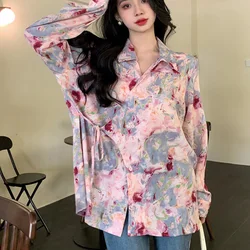 Retro printed long sleeves shirt for women's spring autumn new artistic style high-end loose slimming temperament elegant top