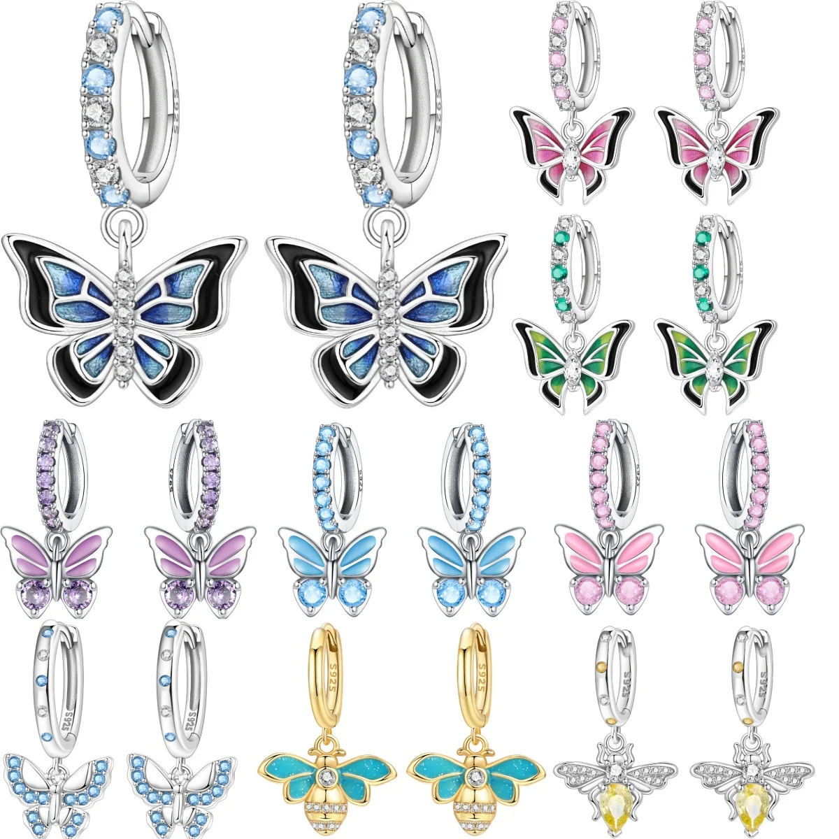 Cycuff 925 Sterling Silver Blue Black Butterfly Insect Earrings Original Jewelry Drop Earrings Jewelry Party Anniversary Gifts
