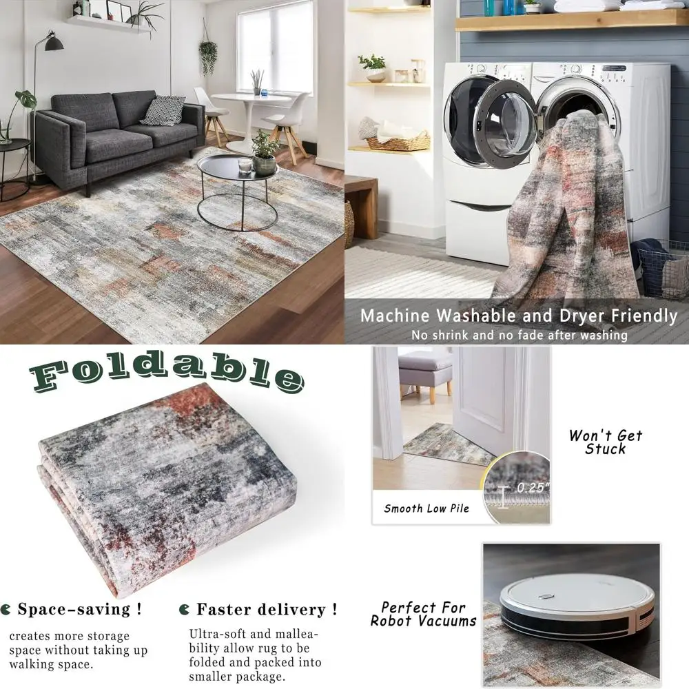 

Gray/Rust Abstract Area Rug, 4x6 Feet, Non-Slip, Stain-Resistant for Living Room or Bedroom