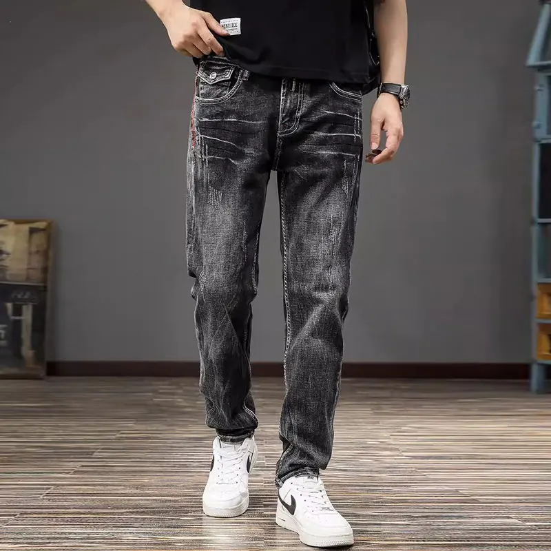 Fashion Vintage Men Jeans High Quality Retro Black Gray Stretch Slim Fit Ripped Jeans Men Italian Style Designer Denim Pants