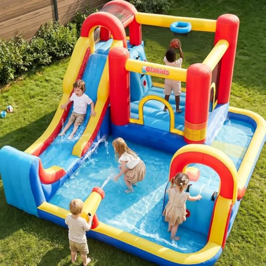 Outdoor inflatable water slide park for backyard use PVC material blue and yellow color 8-in-1 design with dual slides splash p view 2