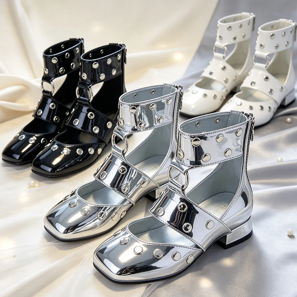 Punk Style Strappy Fashion Girls Studded Mary Jane Shoes Pageant Occasion Children Stage Performance Cutout Ankle Strap Footwear