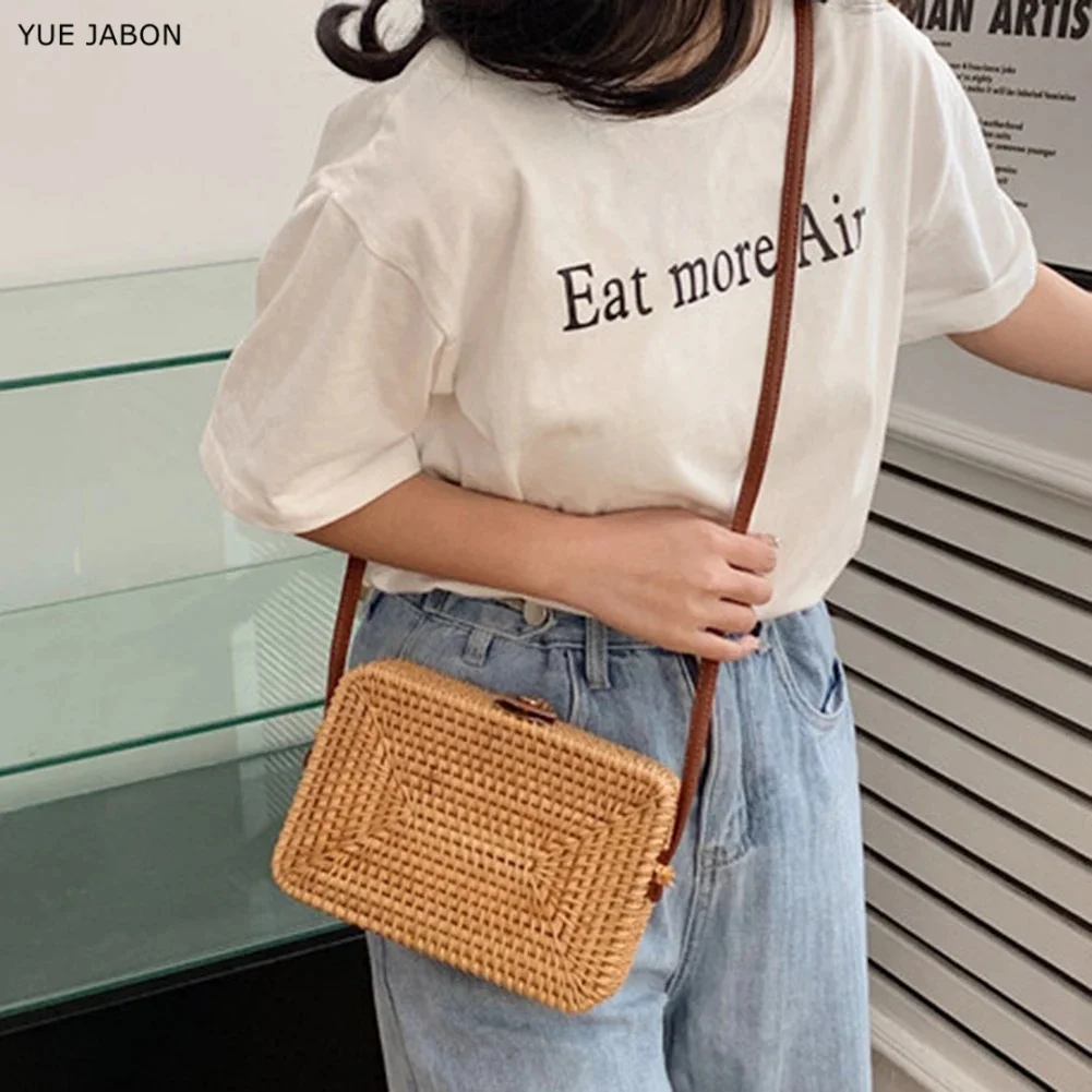 

Handmade Crossbody Bag Adjustable Strap Rattan Women Handbags Square Hollowed Out Portable Durable Storage for Ladies
