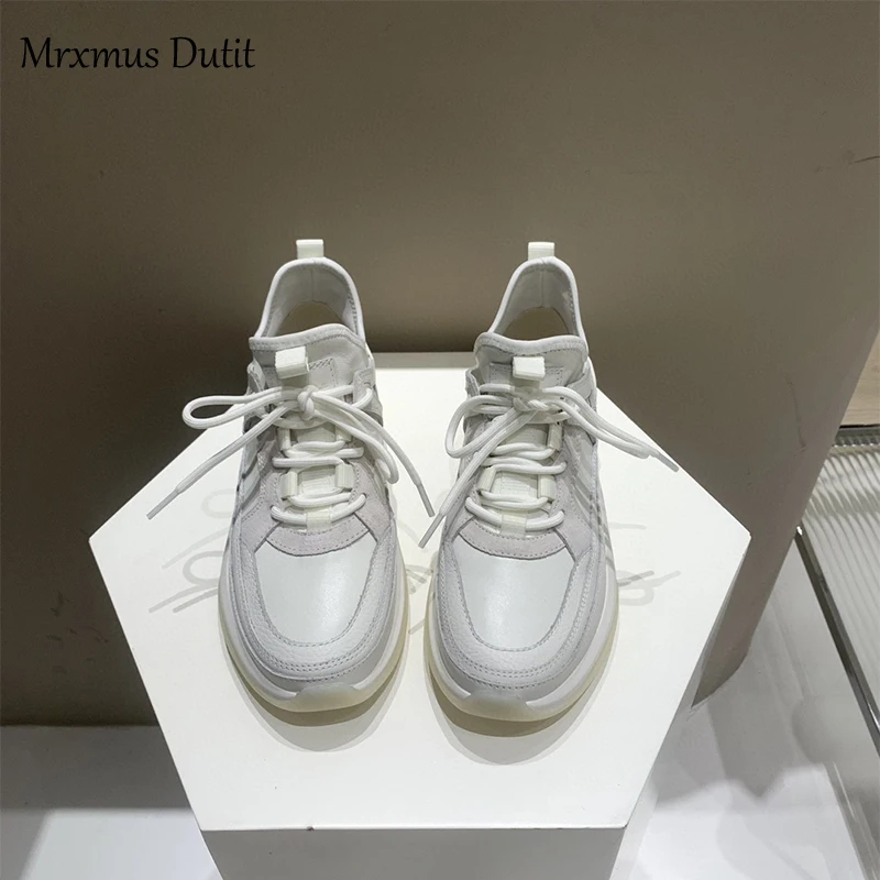 Mrxmus 2023 New Women Fashion Genuine Leather Patchwork Thick-soled Shoes Lacing Sneakers Versatile Casual Shoes Female Chic