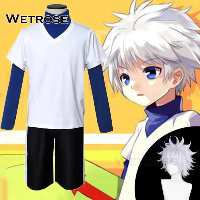 【Wetrose】В наличии Killua Zoldyck Косплей Костюм Охотник × X H коммер коммерческая футболка Kirua Zaoldyeck Полный комплект парика Хэллоуин Рождество Новый