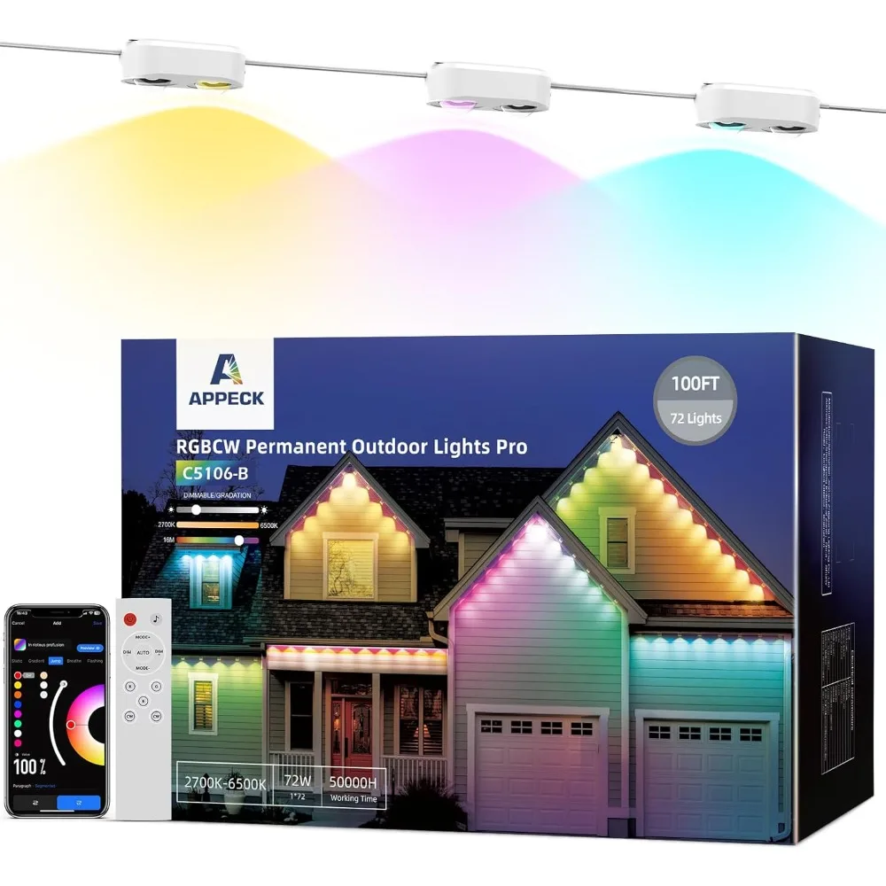 

Permanent Outdoor Lights Pro 100ft, RGBCW Smart Eaves Lights with 72 LED Lights, Dual Lens, Cuttable, 111 Scene Modes