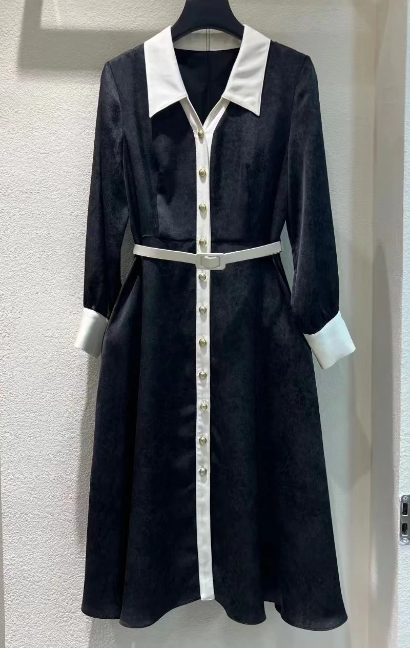 High Quality Brand New Autumn Winter Dress 2025 Fashion Ladies Turn-down Collar Vintage Prints Belt Deco Long Sleeve Dress XXXL