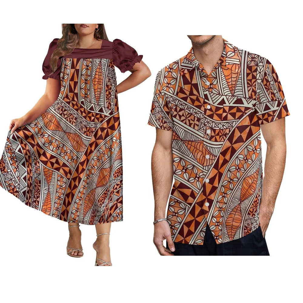 2024 Pacific Islands Art Dress Couple Set Custom Polynesian Traditional Fashion Women'S Print Design New Mumu Skirt Shirt