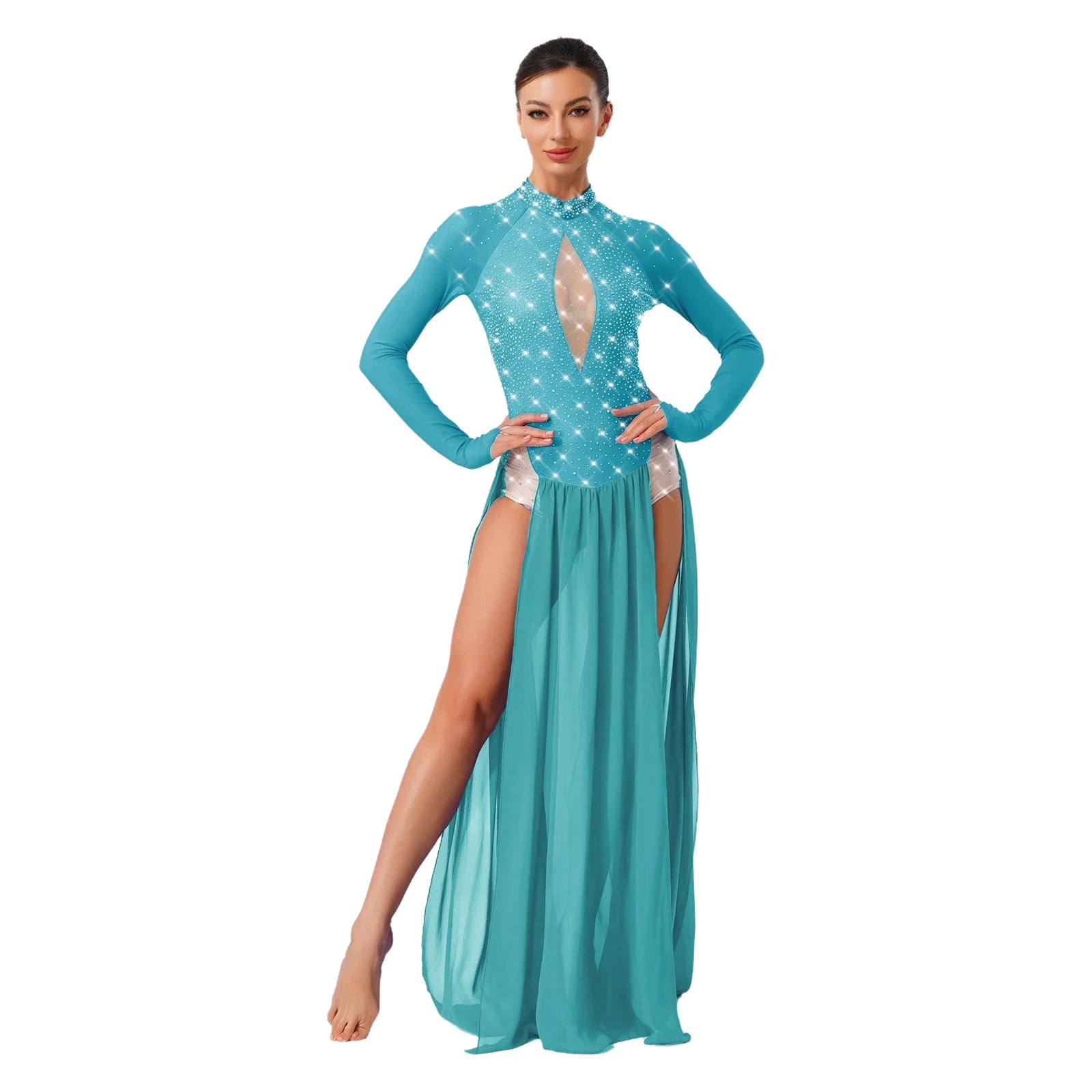 

Professional Rhinestone Lyrical Dance Dress Womens Long Sleeve Maxi Dress High Slit Shiny Jazz Leotard for Stage Performance