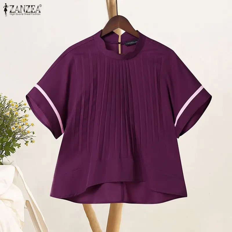 ZANZEA Women's Pleated High-Low Hem Blouses Fashion Scalloped Mock Neck Top with Contrast Trim Bell Sleeves Summer Woman Clothes