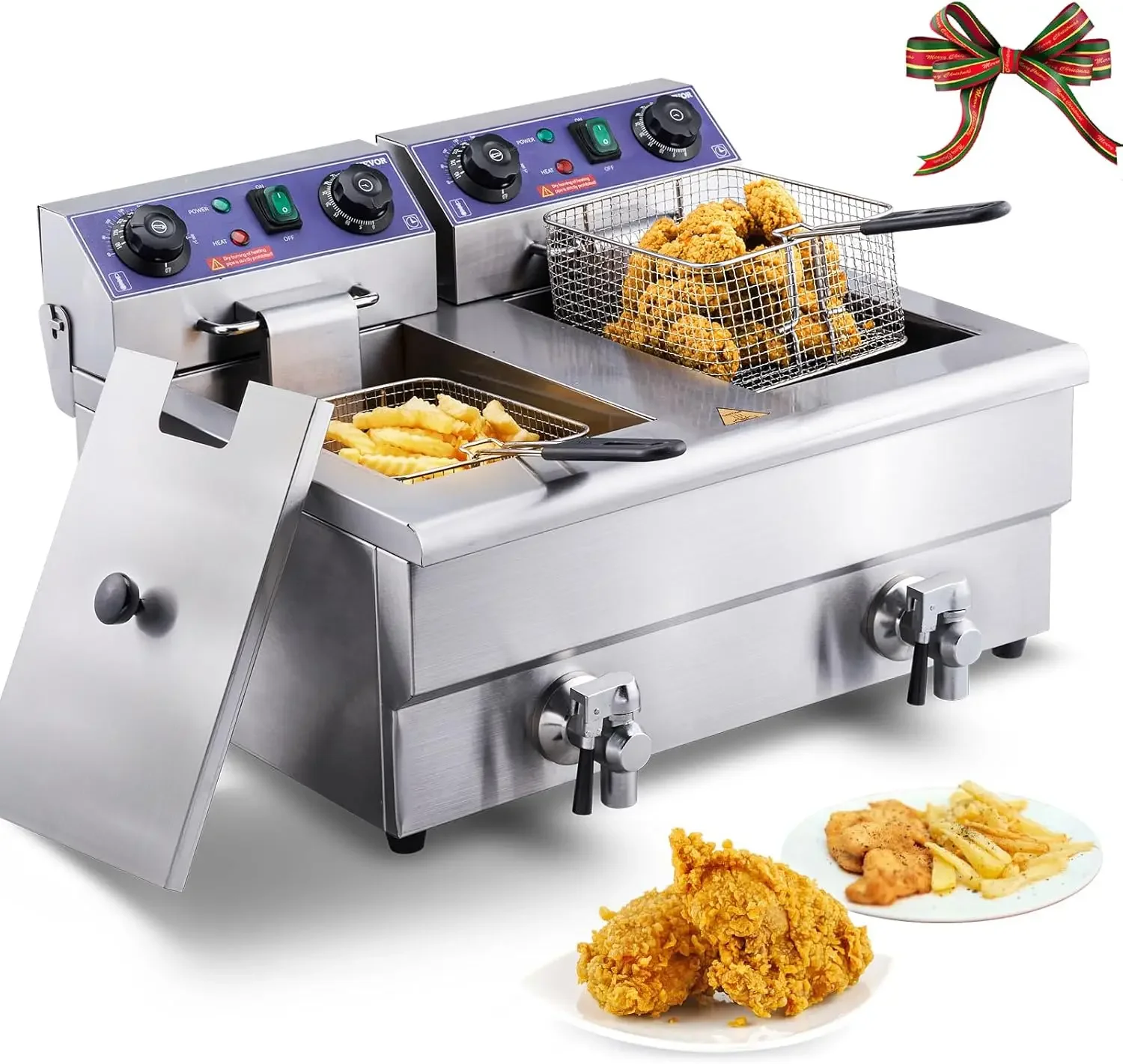 Commercial Electric Deep Fryer, 24L 3000W w/Dual Removable Basket, Stainless Steel Electric Countertop Fryer w/Time Control and