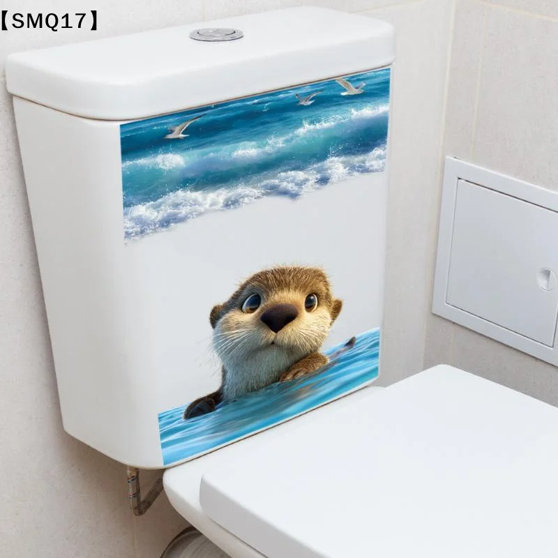 Cute Sea Otter Ocean Wave Toilet Lid Tank Self Adhesive Removable Sticker Waterproof Bathroom Decor Decal【SMQ】