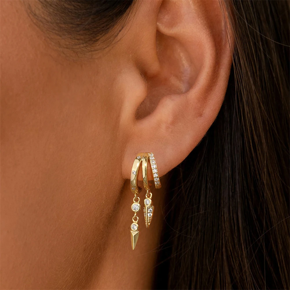 Aide 925 Sterling Silver Long Spike Cone Charm Dangle Earrings For Women Crimped White Zircons Set Circle Huggie Earrings Jewel