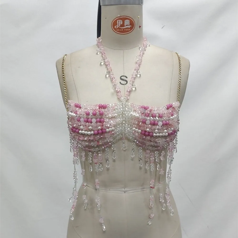 European & American Pink Handmade Beaded Body Chain Set Nightclub & Music Festival Sexy Lace-Up Layered Necklace