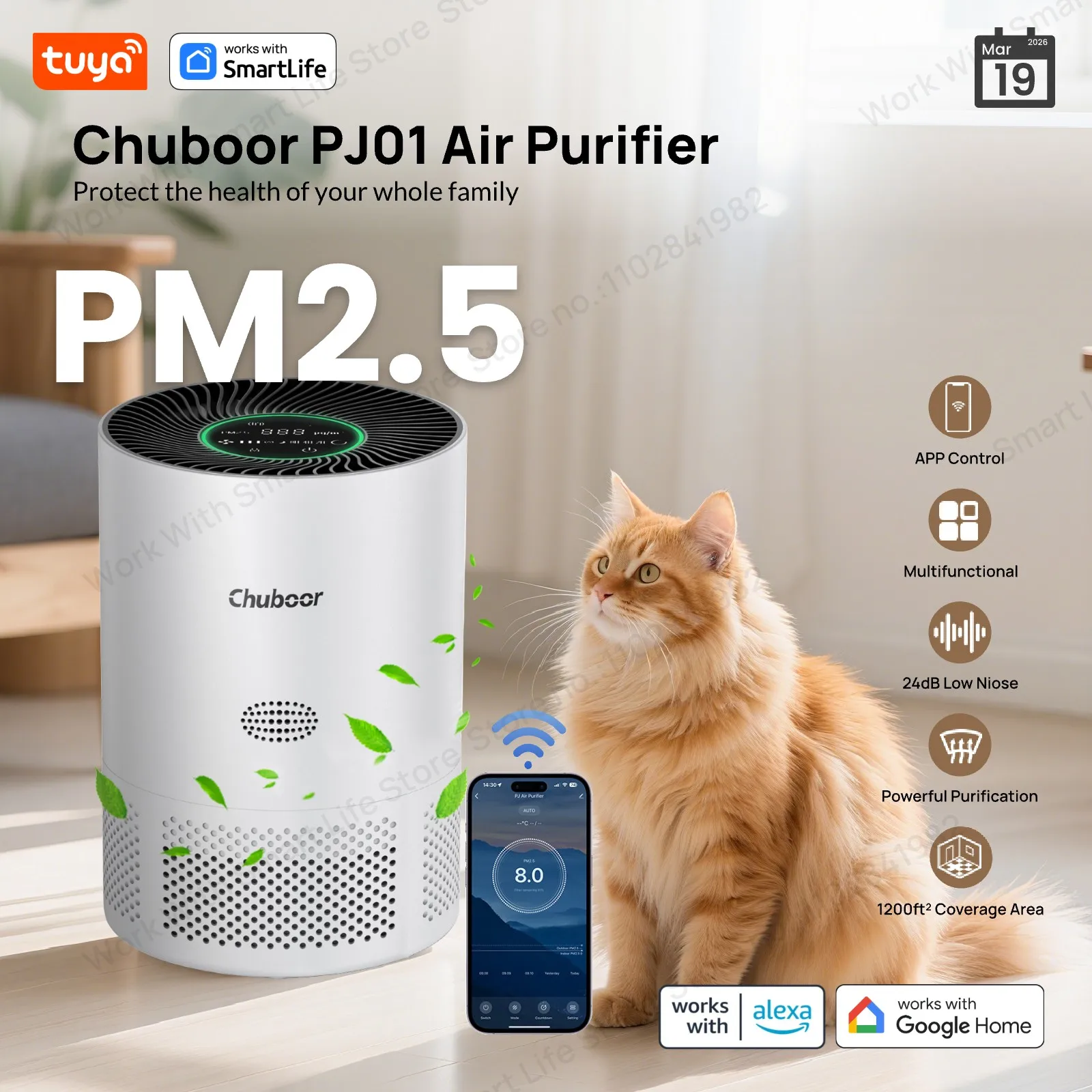 

EU Tuya Smart Mini Air Purifier for Bedroom:40㎡/430Sq.Ft,App/Alexa,PM2.5,24dB Sleep,H13 Filter,Pet Hair/Odors/Smoke/Pollen White