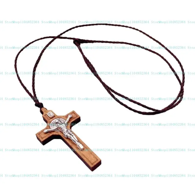 Einfache religiöse Glaube Gebet Taufe christliche Holz Metall Kreuze Seil Halskette Junge Mädchen Zugang Schmuck – Detail 3