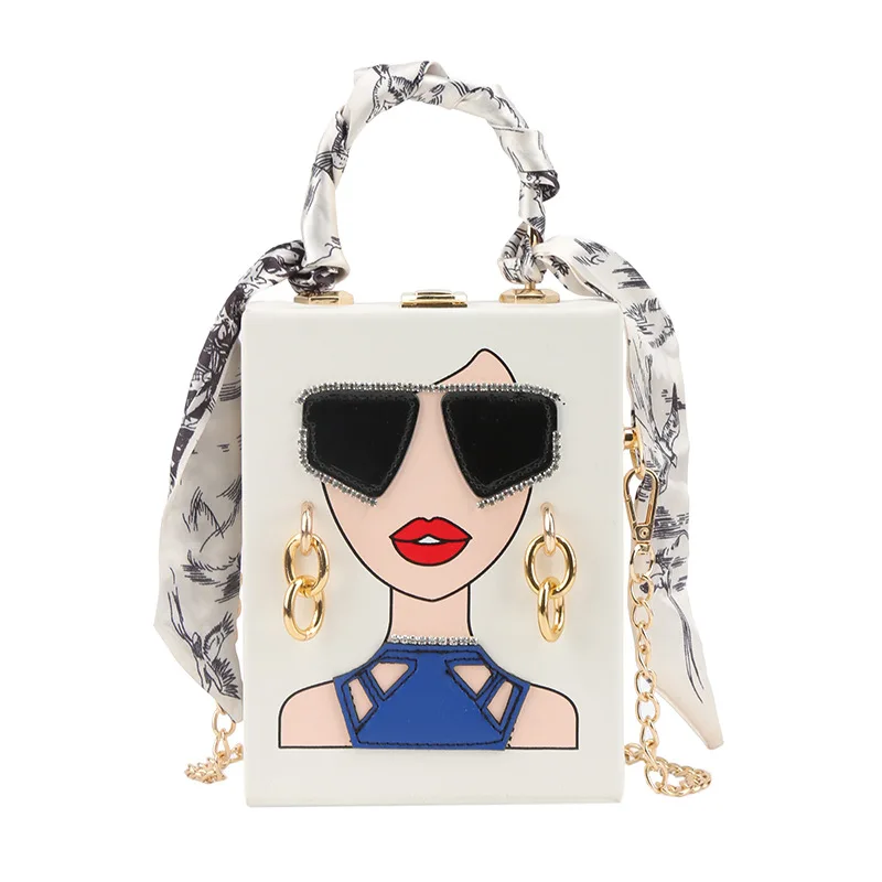 

New Handheld Box Dinner Bag for Women Graffiti Sunglasses Shoulder Bag Vintage Chain Crossbody Bag Cute Purses and Handbags