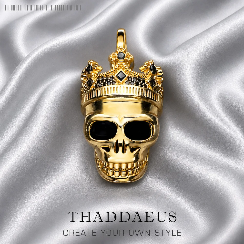 Pendant Golden Skull King with Crown Fine Jewelry Rebel Street Accessories 925 Sterling Silver Rock Hiphop Gift For Women Men