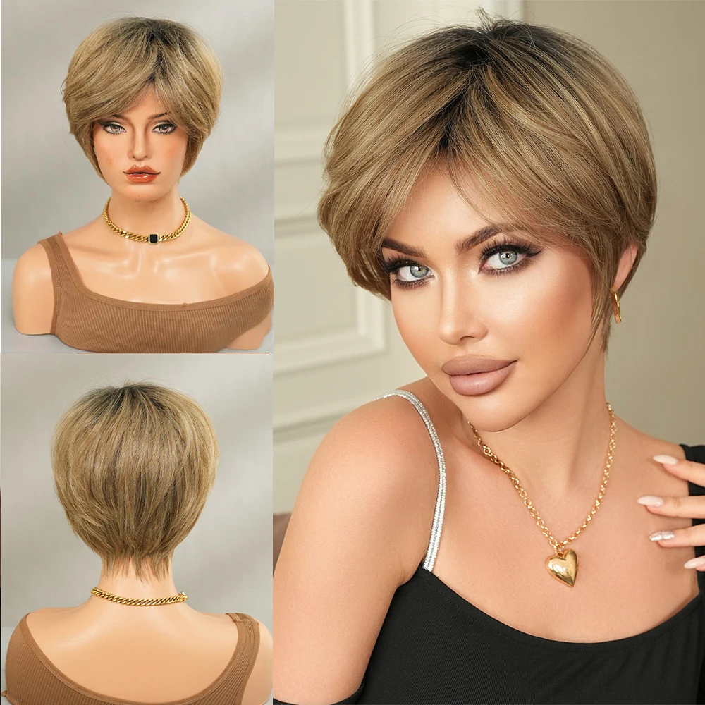 ผมสังเคราะห์สั้นหยิกสีน้ำตาลทองขนาด 8 นิ้วพร้อมหน้าม้าเป็นวิกผมทนความร้อนตามธรรมชาติเหมาะสำหรับงานปาร์ตี้ประจำวันของผู้หญิง