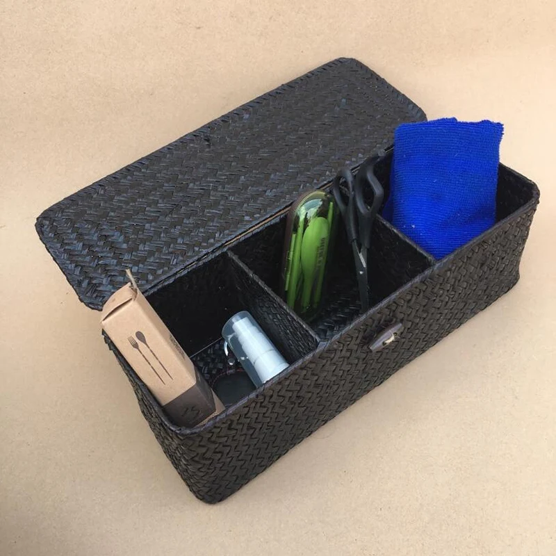 3 Compartment Storage Box Wicker Rattan Basket With Cover Sundries Holder Case Container Desktop Organizer