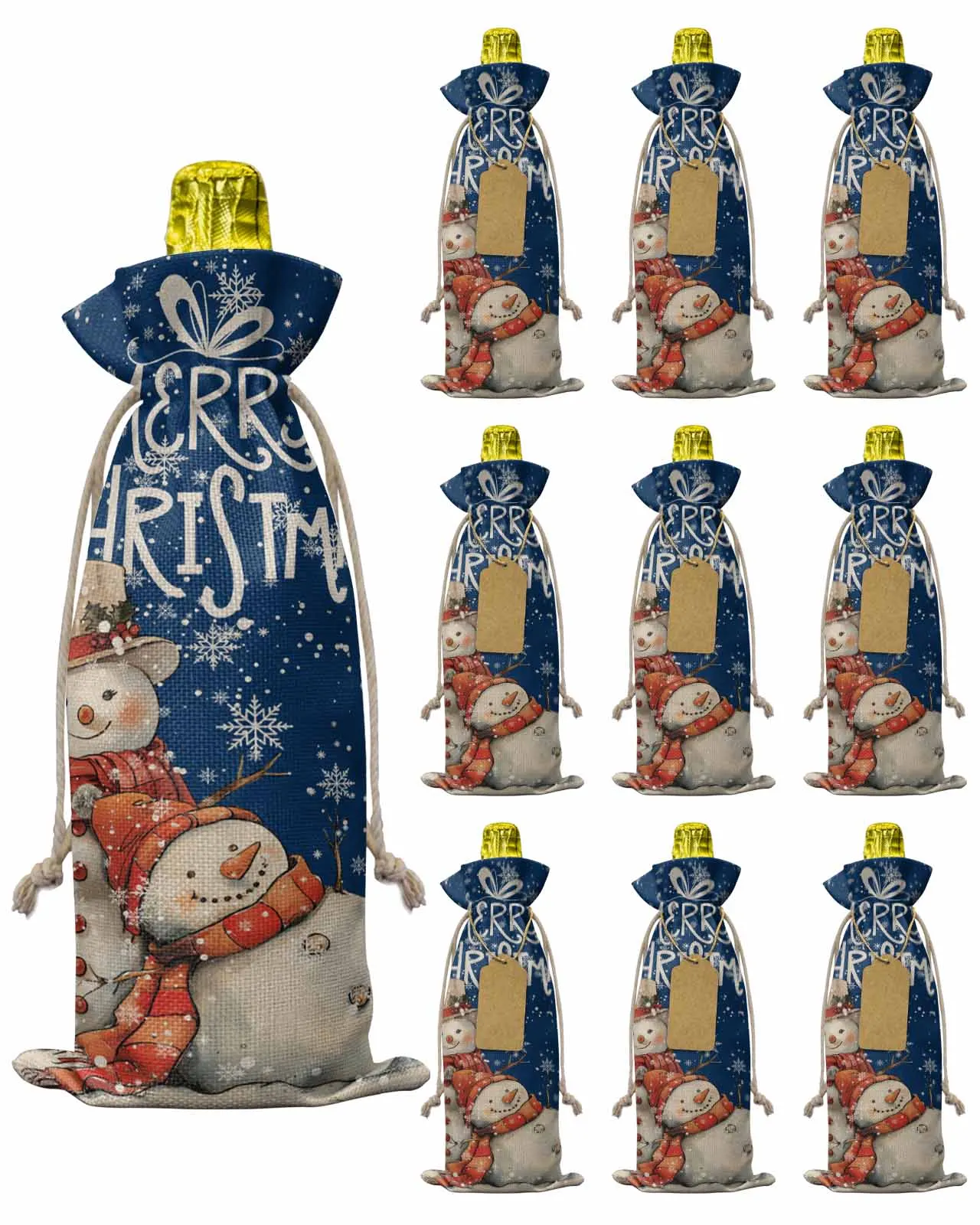 10pcs Christmas Snowflake SnowmanWine Bottle Bag with Drawstring Festive Party Decor Wine Bottle Covers Gift