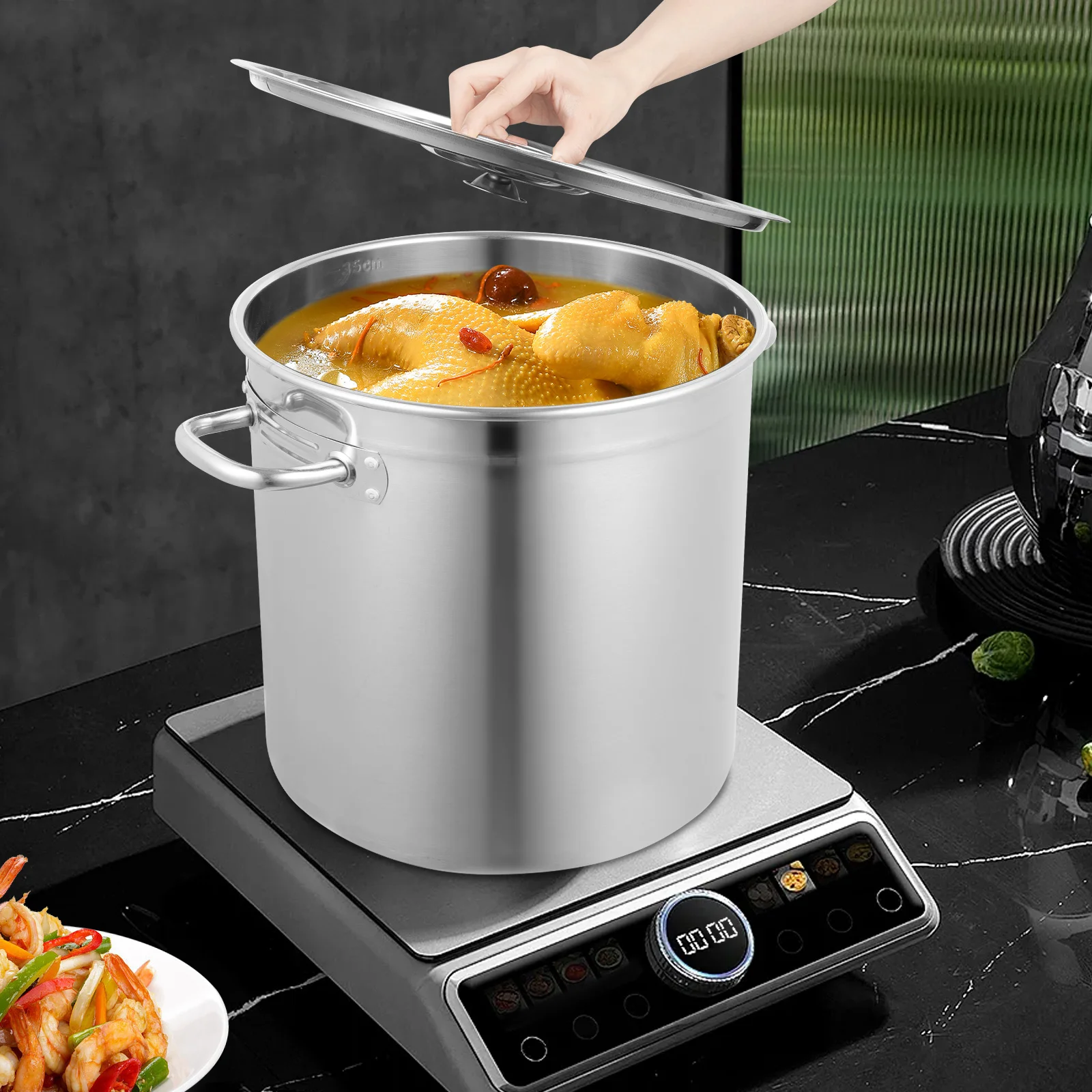 

Stainless Steel Stockpot about 35L/30 Quart Commercial Cylinder Canning Pot Soup Pot with Lid for Storing Liquid/solid Items