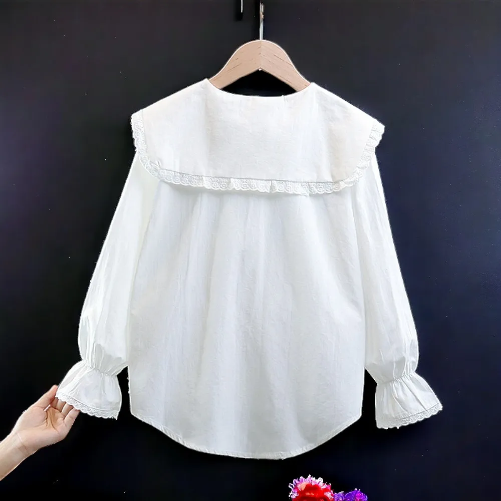 Back to School Kids White Shirts Outfits Blouses for Girls Costumes Long Sleeve Teenagers Children Cotton Tops 5 7 9 10 12 Years