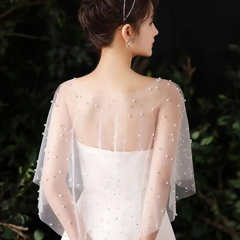 

31BB Tulle Mantilla for Woman Pearls Beading Mesh Scarf for Lady Wrap Shawl Capelet