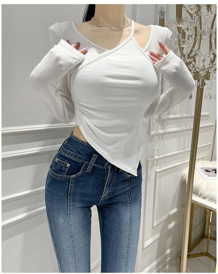 Sexy uitgehold ontwerp lang Sve T-shirt slim fit ort Sle asymmetrisch woon-werkverkeer Faion dames T-shirt lente seizoen dun model