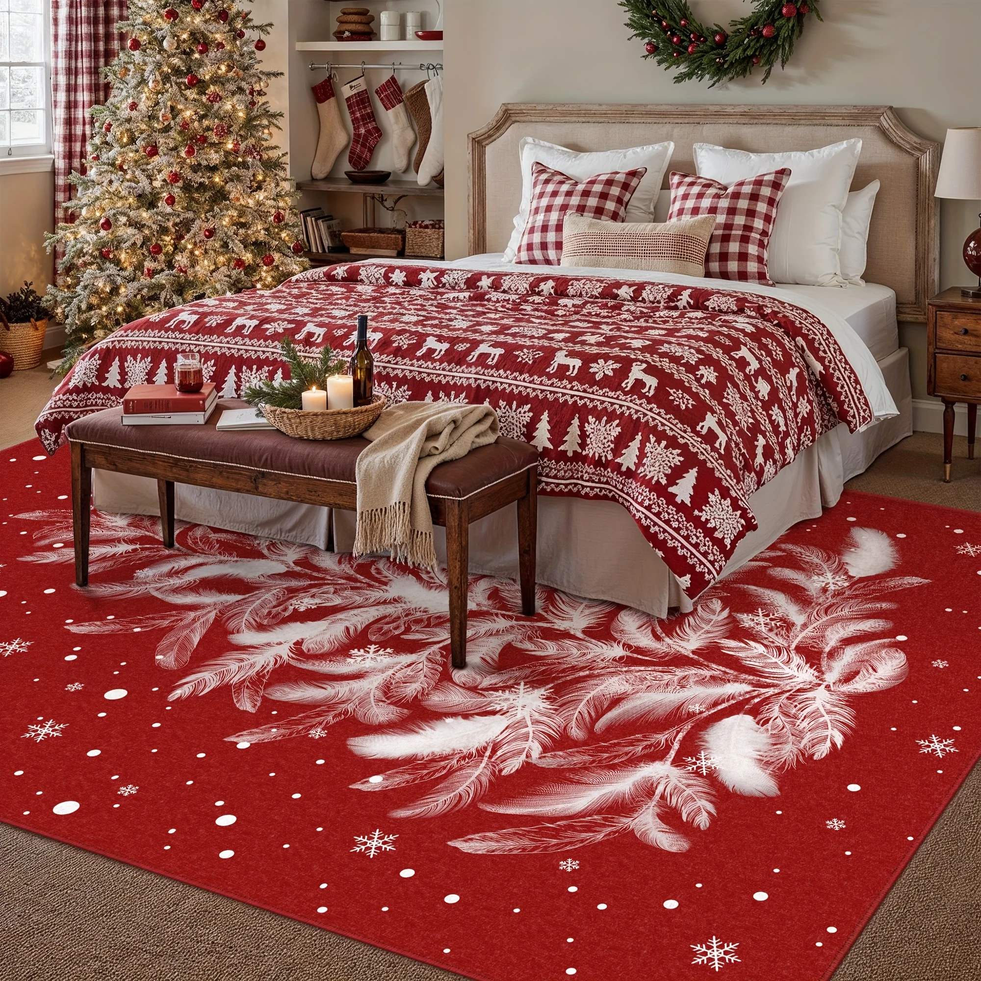 Indoor Christmas Feather Tree Design Rug Ideal for Holiday Season,Red and Green Options, Elevate Christmas Decor for Living Room