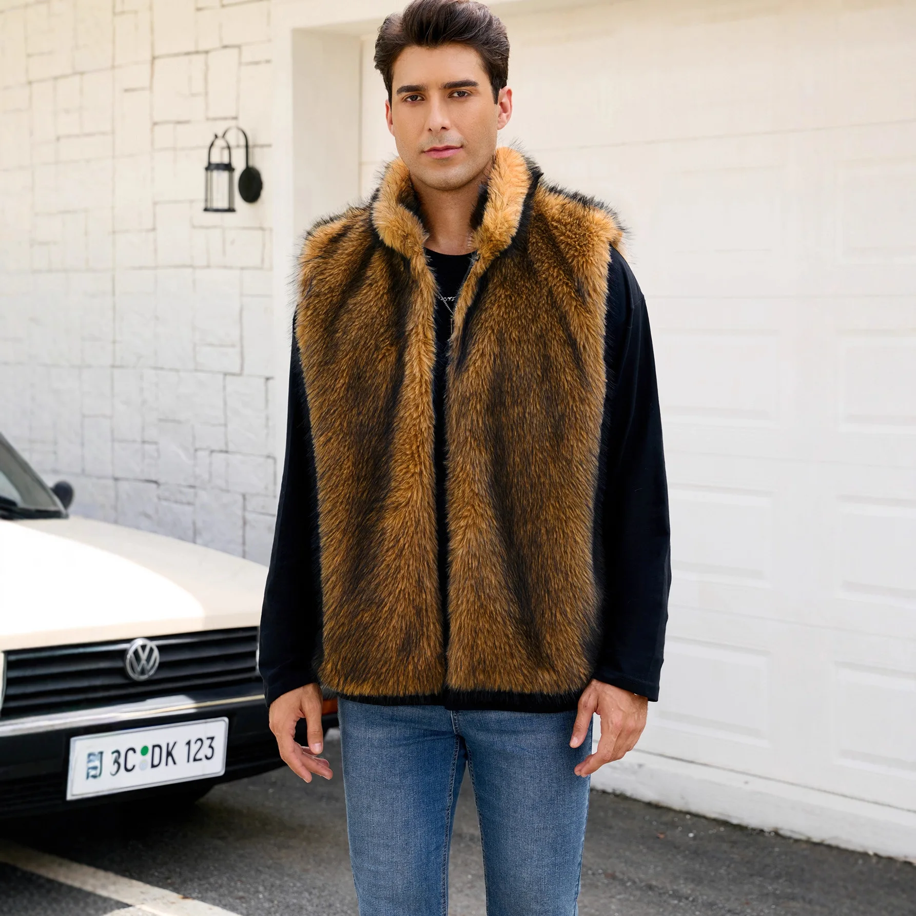 Men's Stand-Up Collar Faux Fur Vest 2025 New Fashion Artificial Fur Coat Trendy Men's Outerwear
