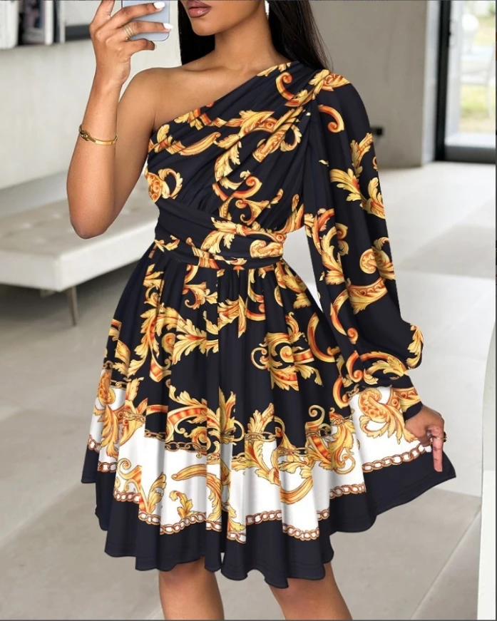 

Off shoulder waist printed women's dress