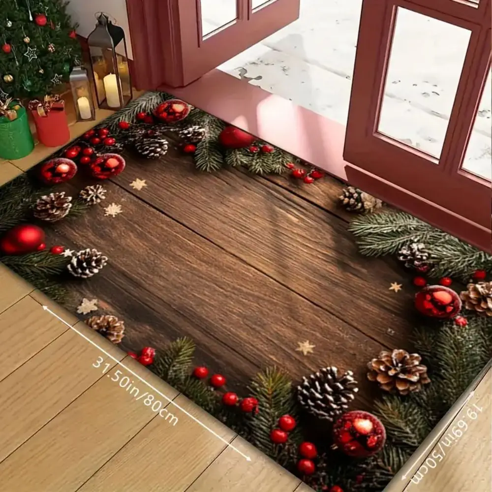 VIKAMA Christmas Rug Non-slip Soft Pine Branch & Berry Christmas Ball Pattern Holiday Welcome Entryway Decor Rug Home Decor